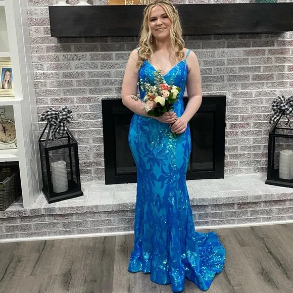 blue dress for baby girl Jovani 40464 Size 4 Blue Sequin Prom Dress Slit Pageant Gown main image 0